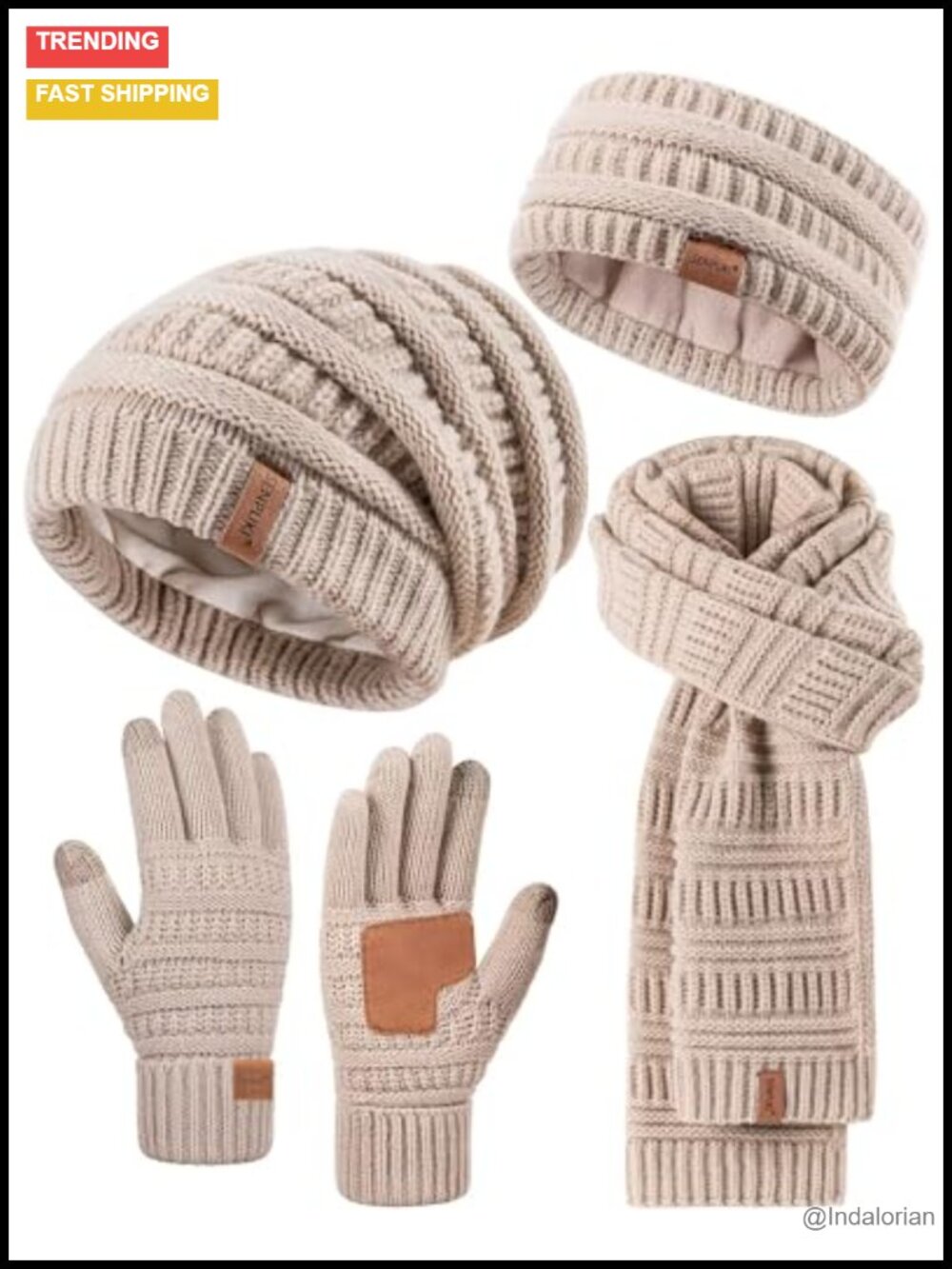 Winter Hat Scarf Gloves Headband 4-Piece Set, Fleece Lined Slouchy Beanie,